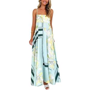 imagechouyatou Womens Bohemian Floral Print Back Smocked Maxi Dress Sexy Spaghetti Strap Ruffle Swing Beach Long DressGreen