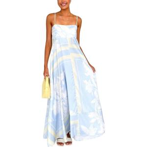 imagechouyatou Womens Bohemian Floral Print Back Smocked Maxi Dress Sexy Spaghetti Strap Ruffle Swing Beach Long DressLight Blue