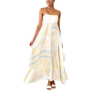 imagechouyatou Womens Bohemian Floral Print Back Smocked Maxi Dress Sexy Spaghetti Strap Ruffle Swing Beach Long DressYellow