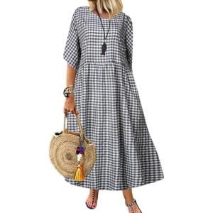 imagechouyatou Womens Casual Plaid Short Sleeve Beach Dress Crewneck Gingham Swing Flowy Midi Long Tunic DressBlack