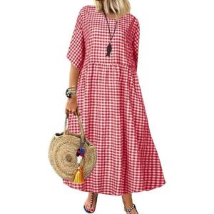 imagechouyatou Womens Casual Plaid Short Sleeve Beach Dress Crewneck Gingham Swing Flowy Midi Long Tunic DressRed