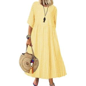 imagechouyatou Womens Casual Plaid Short Sleeve Beach Dress Crewneck Gingham Swing Flowy Midi Long Tunic DressYellow