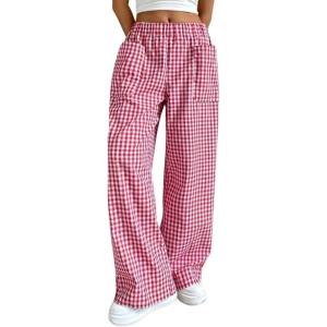 imagechouyatou Womens Casual Striped Wide Leg Pants Plaid Elastic Waist Palazzo Pants with PocketsPlaid Red