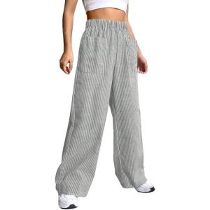 imagechouyatou Womens Casual Striped Wide Leg Pants Plaid Elastic Waist Palazzo Pants with PocketsStriped Gray
