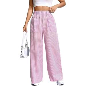 imagechouyatou Womens Casual Striped Wide Leg Pants Plaid Elastic Waist Palazzo Pants with PocketsStriped Pink
