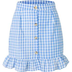 imagechouyatou Womens Cute Gingham Cotton Skirt Plaid Single Breasted A Line Ruffle Fishtail Short Mini SkirtAzure