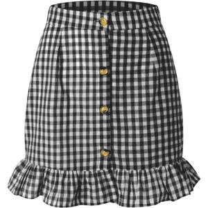 imagechouyatou Womens Cute Gingham Cotton Skirt Plaid Single Breasted A Line Ruffle Fishtail Short Mini SkirtBlack