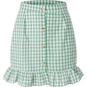 imagechouyatou Womens Cute Gingham Cotton Skirt Plaid Single Breasted A Line Ruffle Fishtail Short Mini SkirtGreen