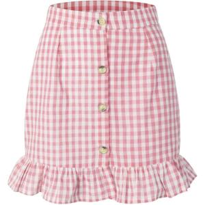 imagechouyatou Womens Cute Gingham Cotton Skirt Plaid Single Breasted A Line Ruffle Fishtail Short Mini SkirtPink