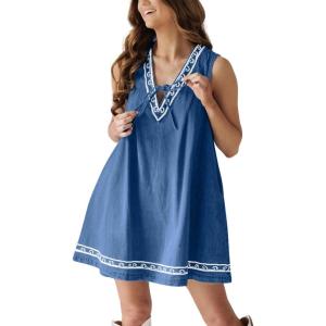 imagechouyatou Womens Embroidered VNeck Sleeveless Mini Denim Dress Casual ALine Jean Babydoll Tank DressDark Blue