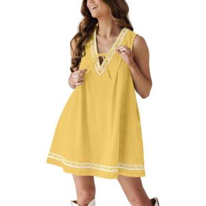 imagechouyatou Womens Embroidered VNeck Sleeveless Mini Denim Dress Casual ALine Jean Babydoll Tank DressYellow