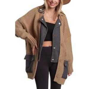imagechouyatou Womens Fall Casual Button Down Cardigan Chunky Knit Denim Patchwork Sweater CoatBrown