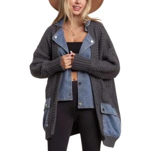 imagechouyatou Womens Fall Casual Button Down Cardigan Chunky Knit Denim Patchwork Sweater CoatDark Grey