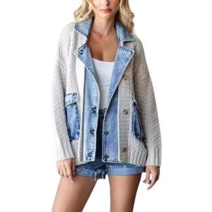 imagechouyatou Womens Fall Casual Button Down Cardigan Chunky Knit Denim Patchwork Sweater CoatLight Grey