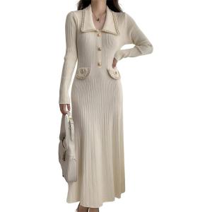 imagechouyatou Womens Fall Gold Button Formal Cocktail Sweater Dress Fit and Flare Midi Long Winter Knit DressBeige