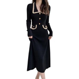 imagechouyatou Womens Fall Gold Button Formal Cocktail Sweater Dress Fit and Flare Midi Long Winter Knit DressBlack
