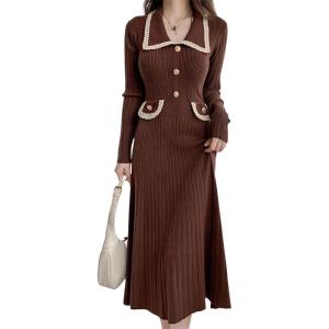 imagechouyatou Womens Fall Gold Button Formal Cocktail Sweater Dress Fit and Flare Midi Long Winter Knit DressBrown