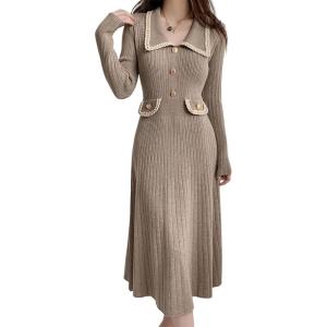imagechouyatou Womens Fall Gold Button Formal Cocktail Sweater Dress Fit and Flare Midi Long Winter Knit DressOatmeal