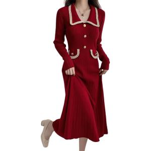 imagechouyatou Womens Fall Gold Button Formal Cocktail Sweater Dress Fit and Flare Midi Long Winter Knit DressRed