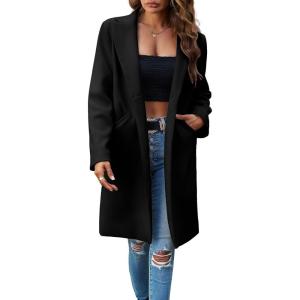 imagechouyatou Womens Fall Notch Lapel Blazer Wool Coat Office Work Wear Warm Winter Pea CoatBlack