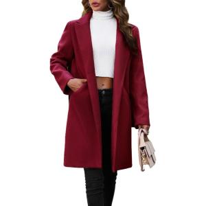 imagechouyatou Womens Fall Notch Lapel Blazer Wool Coat Office Work Wear Warm Winter Pea CoatWine Red