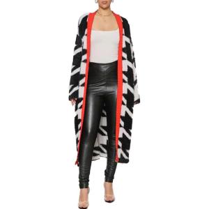 imagechouyatou Womens Furry Warm Color Block Houndstooth Printed Open Front Cardigan Knit Long Sweater CoatBlack