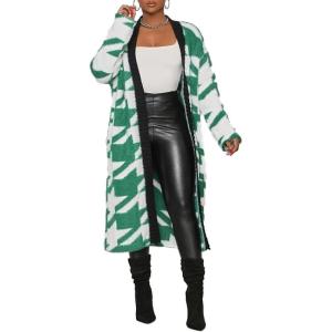 imagechouyatou Womens Furry Warm Color Block Houndstooth Printed Open Front Cardigan Knit Long Sweater CoatGreen