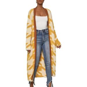 imagechouyatou Womens Furry Warm Color Block Houndstooth Printed Open Front Cardigan Knit Long Sweater CoatYellow