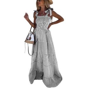imagechouyatou Womens Sexy Tie Strap Striped Smocked Maxi Dress Ruffle Tiered Flowy Swing Long Dress with PocketsBlack