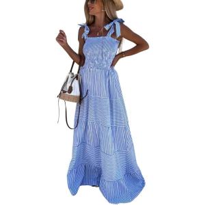 imagechouyatou Womens Sexy Tie Strap Striped Smocked Maxi Dress Ruffle Tiered Flowy Swing Long Dress with PocketsBlue