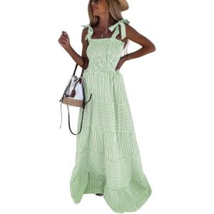 imagechouyatou Womens Sexy Tie Strap Striped Smocked Maxi Dress Ruffle Tiered Flowy Swing Long Dress with PocketsGreen