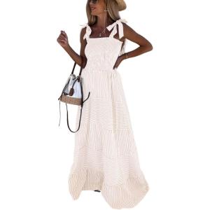 imagechouyatou Womens Sexy Tie Strap Striped Smocked Maxi Dress Ruffle Tiered Flowy Swing Long Dress with PocketsKhaki