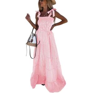 imagechouyatou Womens Sexy Tie Strap Striped Smocked Maxi Dress Ruffle Tiered Flowy Swing Long Dress with PocketsPink
