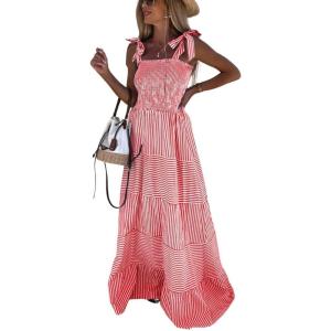 imagechouyatou Womens Sexy Tie Strap Striped Smocked Maxi Dress Ruffle Tiered Flowy Swing Long Dress with PocketsRed