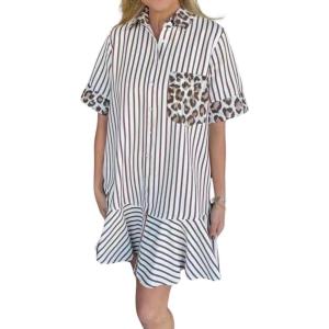 imagechouyatou Womens Short Sleeve Striped Shirt Dress Leopard Print Spliced Short Beach Button Down DressCoffee
