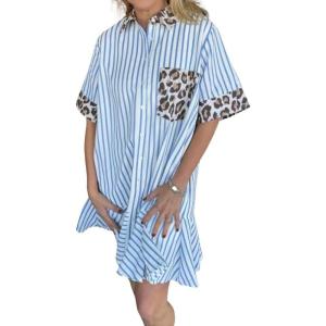 imagechouyatou Womens Short Sleeve Striped Shirt Dress Leopard Print Spliced Short Beach Button Down DressLight Blue