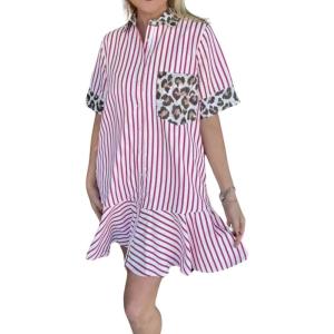imagechouyatou Womens Short Sleeve Striped Shirt Dress Leopard Print Spliced Short Beach Button Down DressPink
