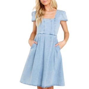 imagechouyatou Womens Summer Short Puff Sleeve Demin Jean Dress Bowknot Cute Mini Dress with PocketsLight Blue