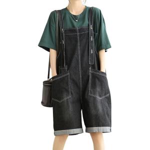 imagechouyatou Womens Suspender Strap Wide Leg Denim Overalls Knee Length Loose Fit Bib Jumpsuit Overall ShortsBlack