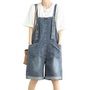 imagechouyatou Womens Suspender Strap Wide Leg Denim Overalls Knee Length Loose Fit Bib Jumpsuit Overall ShortsBlue