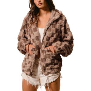 imagechouyatou Womens Winter Checkered Plaid Fleece Jacket Zip Up Hooded Fuzzy Sherpa Coat with PocketsBrown