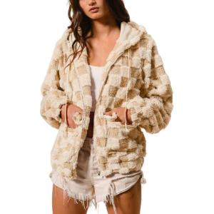 imagechouyatou Womens Winter Checkered Plaid Fleece Jacket Zip Up Hooded Fuzzy Sherpa Coat with PocketsKhaki