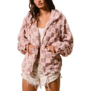 imagechouyatou Womens Winter Checkered Plaid Fleece Jacket Zip Up Hooded Fuzzy Sherpa Coat with PocketsPink