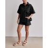 imagechouyatou Summer Denim Sets for Women Short Sleeve Button Down Shirt Elastic Waist Wide Leg Jean Shorts 2 Piece OutfitBlack