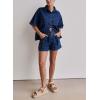 imagechouyatou Summer Denim Sets for Women Short Sleeve Button Down Shirt Elastic Waist Wide Leg Jean Shorts 2 Piece OutfitDark Blue