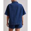 imagechouyatou Summer Denim Sets for Women Short Sleeve Button Down Shirt Elastic Waist Wide Leg Jean Shorts 2 Piece OutfitDark Blue