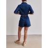 imagechouyatou Summer Denim Sets for Women Short Sleeve Button Down Shirt Elastic Waist Wide Leg Jean Shorts 2 Piece OutfitDark Blue