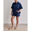 imagechouyatou Summer Denim Sets for Women Short Sleeve Button Down Shirt Elastic Waist Wide Leg Jean Shorts 2 Piece OutfitDark Blue