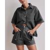 imagechouyatou Summer Denim Sets for Women Short Sleeve Button Down Shirt Elastic Waist Wide Leg Jean Shorts 2 Piece OutfitGray