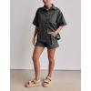 imagechouyatou Summer Denim Sets for Women Short Sleeve Button Down Shirt Elastic Waist Wide Leg Jean Shorts 2 Piece OutfitGray